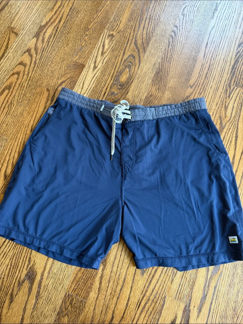 Vuori Men's Navy Blue Microdot Swim Board Trunks with Stripe Waistband
